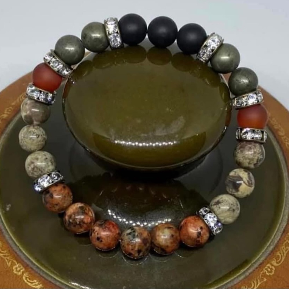 Multicolor Beaded Bracelet with Silver Accents Jasper, carnelian, pyrite & onyx